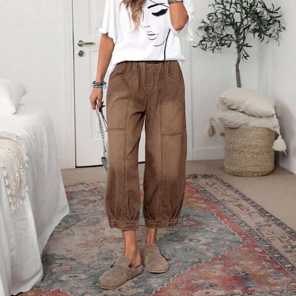 Denim - Coffee Brown Casual Women's Elastic Waist Loose Tapered Jeans